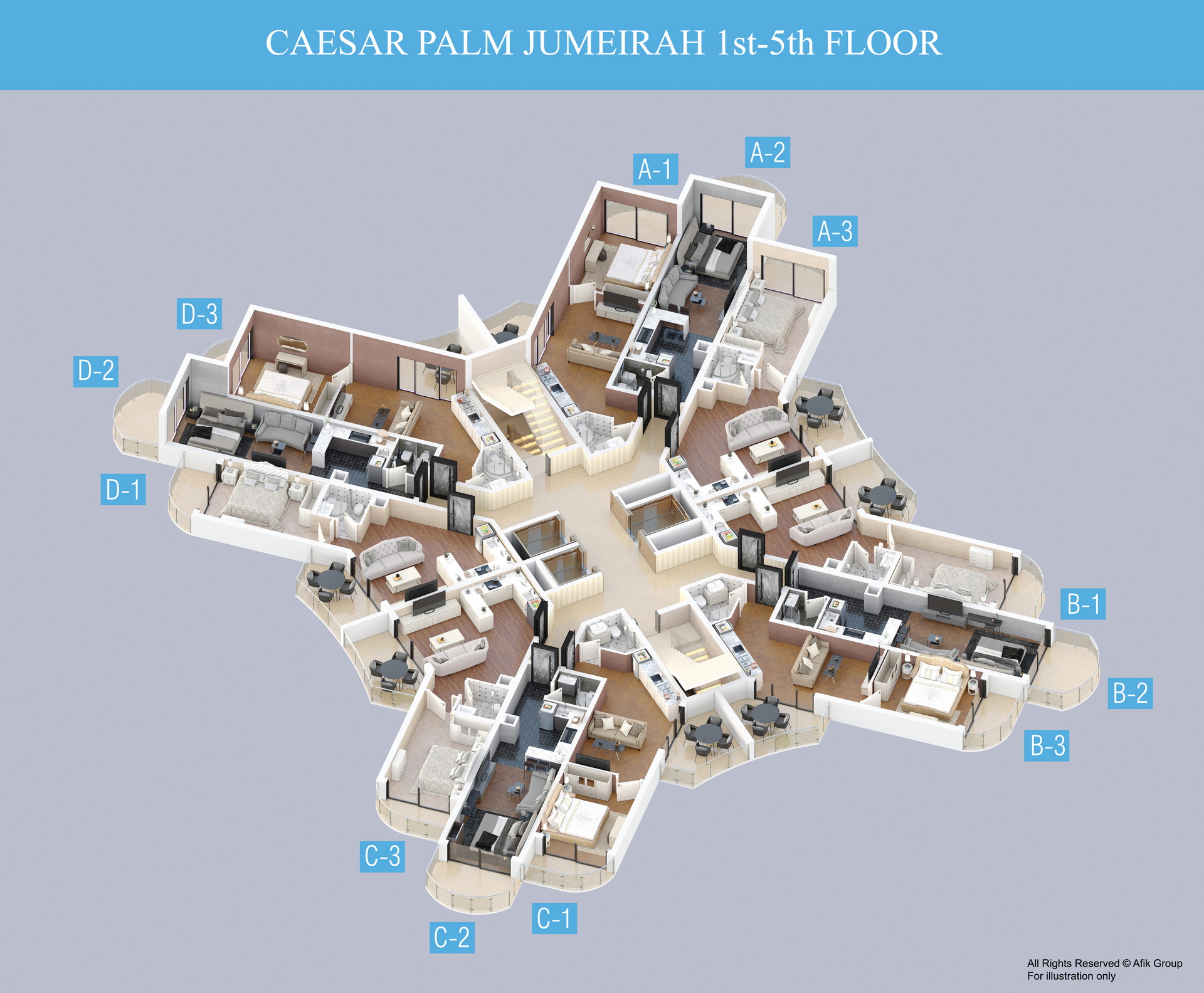 Caesar Palm Jumeirah 1+1 Apartment Positions-1st-5th-Floors